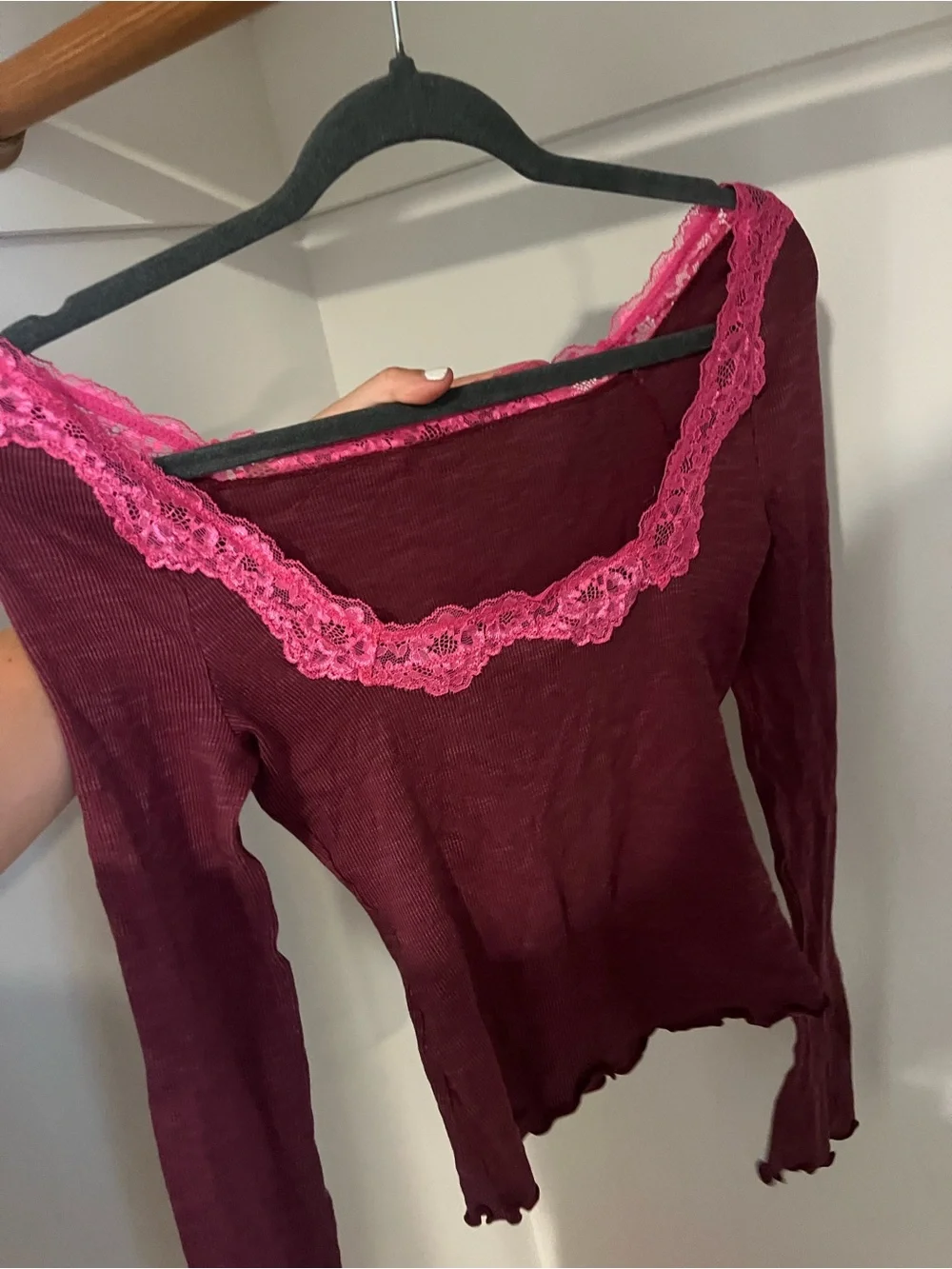 Free People Burgundy Off-Shoulder Long Sleeve Top with Pink Lace Trim